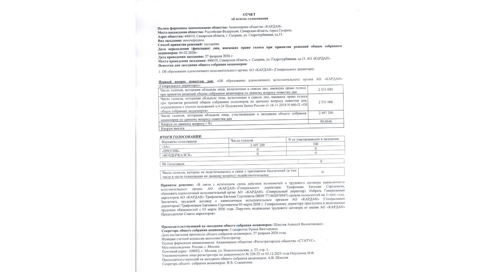 «Отчет об итогах голосования АО «КАРДАН».